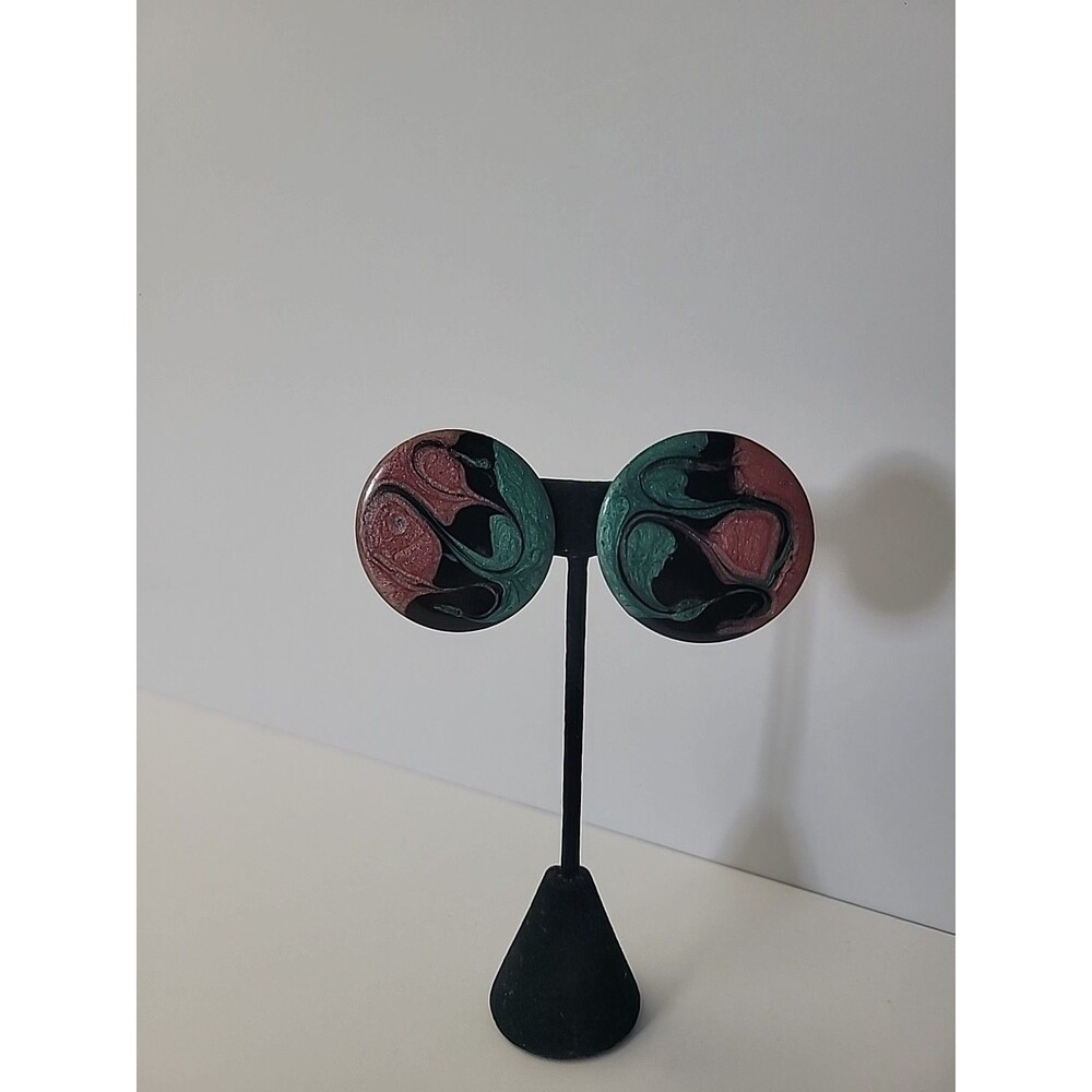 Abstract Enamel Clip On Earrings Teal Pink Black Swirl Art Statement Retro Vinta